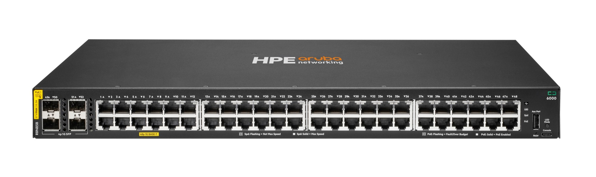 HPE Aruba Networking Networking CX6000 48p 10M/100M/1G Class4 PoE 4p SFP 1G 370W Switch