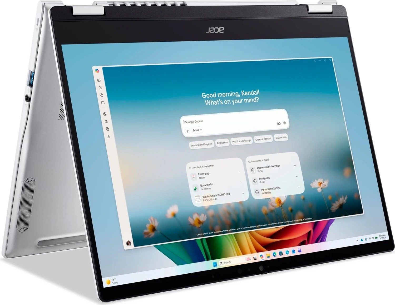 Acer Swift 14 AI SFSP14-I51T-79CL Copilot+ PC Intel Core Ultra 7 355 Hybrid (2-in-1) 35.6 cm (14") Touchscreen WUXGA 16 GB DDR5-SDRAM 512 GB SSD Wi-Fi 7 (802.11be) ChromeOS Silver QWERTZ German