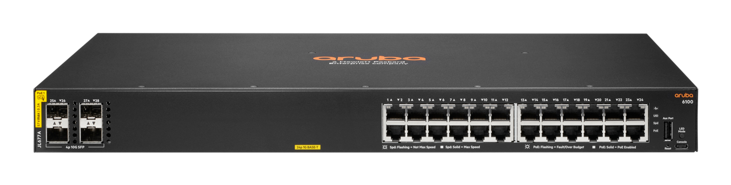 HPE Aruba Networking Aruba 6100 24G Class4 PoE 4SFP+ 370W Managed L3 Gigabit Ethernet (10/100/1000) Power over Ethernet (PoE) 1U Black